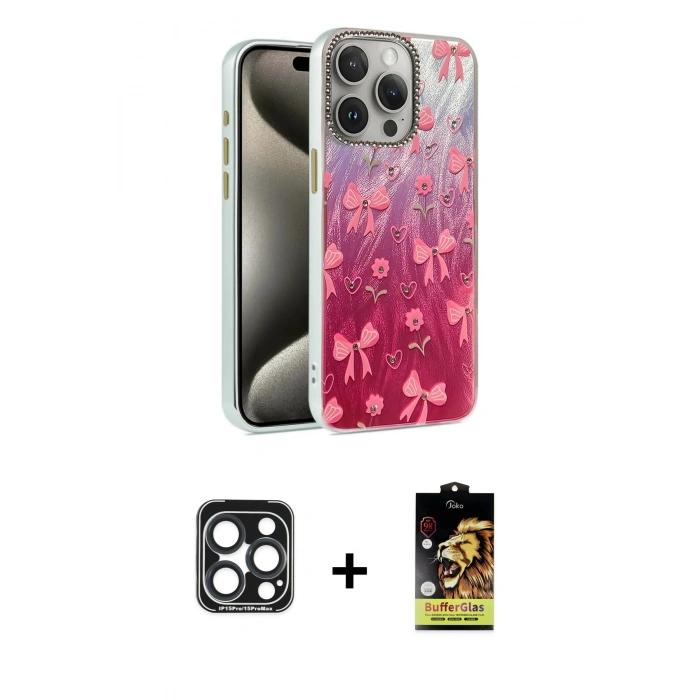 MARSİLYAN™- iPhone 15 Pro Max Kılıf Zirve Modern Prime - Siyah Buffer Cam Ekran Koruyucu + Lacivert PVD Metal Kamera Lens