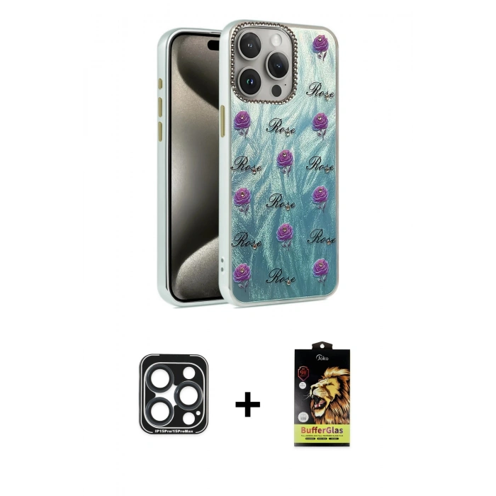 MARSİLYAN™- iPhone 15 Pro Max Kılıf Zirve Modern Prime - Siyah Buffer Cam Ekran Koruyucu + Lacivert PVD Metal Kamera Lens