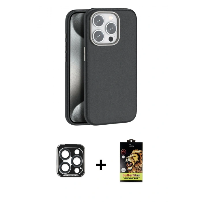 MARSİLYAN™- iPhone 15 Pro Max Kılıf Zirve Modern Prime - Siyah Buffer Cam Ekran Koruyucu + PVD Metal Kamera Lens - LT