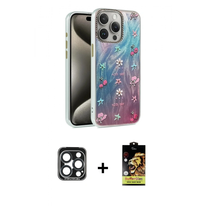 MARSİLYAN™- iPhone 15 Pro Max Kılıf Zirve Modern Prime - Siyah Buffer Cam Ekran Koruyucu + Lacivert PVD Metal Kamera Lens