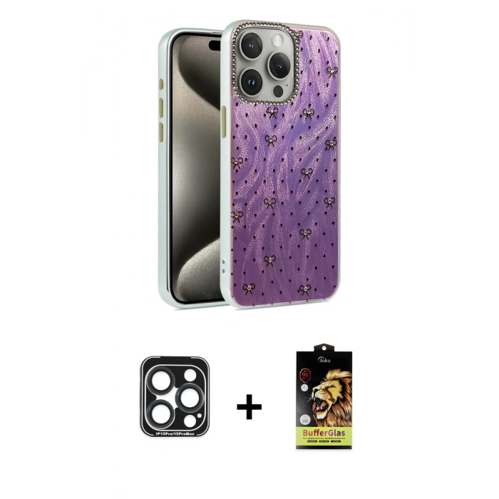 MARSİLYAN™- iPhone 15 Pro Max Kılıf Zirve Modern Prime - Siyah Buffer Cam Ekran Koruyucu + Lacivert PVD Metal Kamera Lens