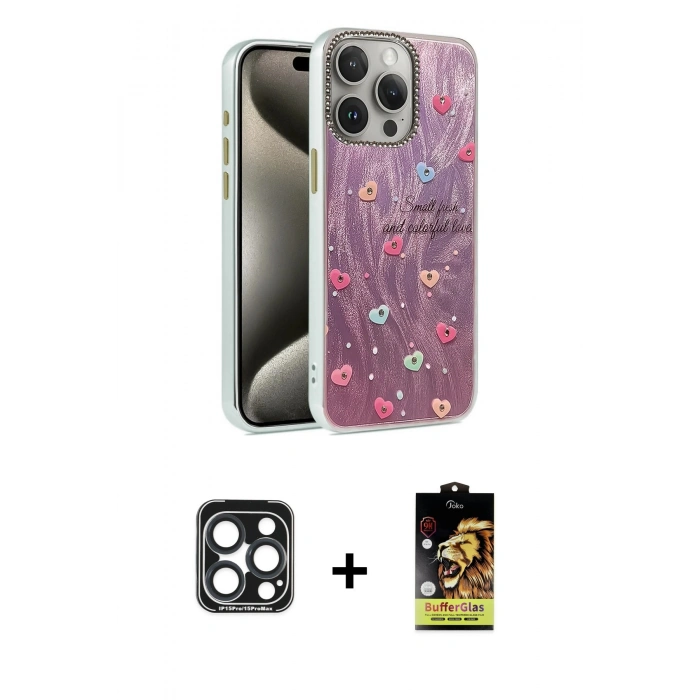 MARSİLYAN™- iPhone 15 Pro Max Kılıf Zirve Modern Prime - Siyah Buffer Cam Ekran Koruyucu + Lacivert PVD Metal Kamera Lens