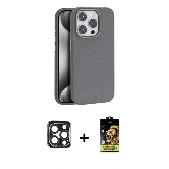 MARSİLYAN™- iPhone 15 Pro Max Kılıf Zirve Modern Prime - Siyah Buffer Cam Ekran Koruyucu + PVD Metal Kamera Lens - LT