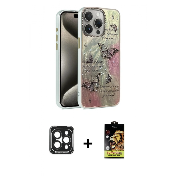 MARSİLYAN™- iPhone 15 Pro Max Kılıf Zirve Modern Prime - Siyah Buffer Cam Ekran Koruyucu + PVD Metal Kamera Lens - SH