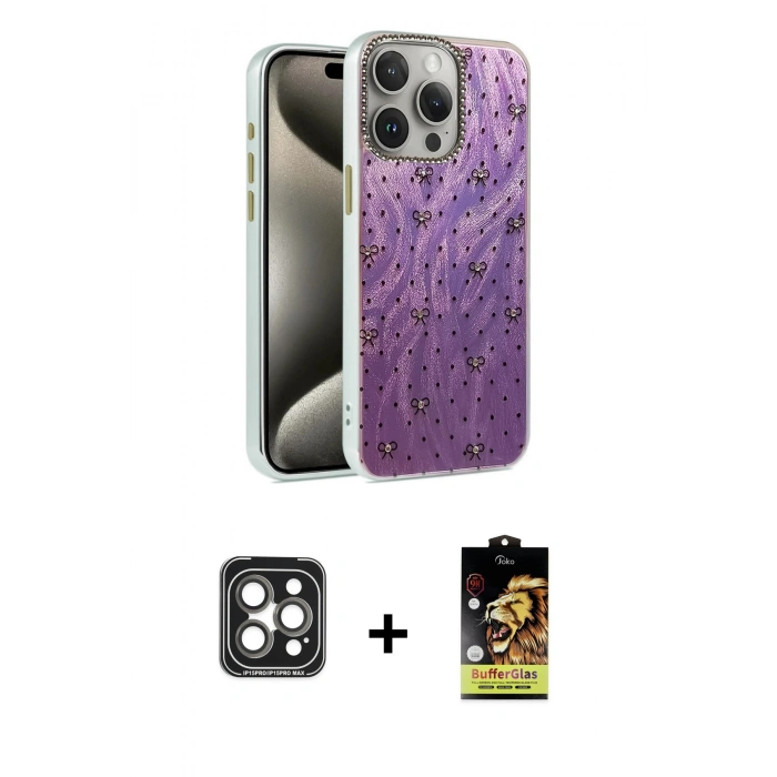 MARSİLYAN™- iPhone 15 Pro Max Kılıf Zirve Modern Prime - Siyah Buffer Cam Ekran Koruyucu + PVD Metal Kamera Lens - GI