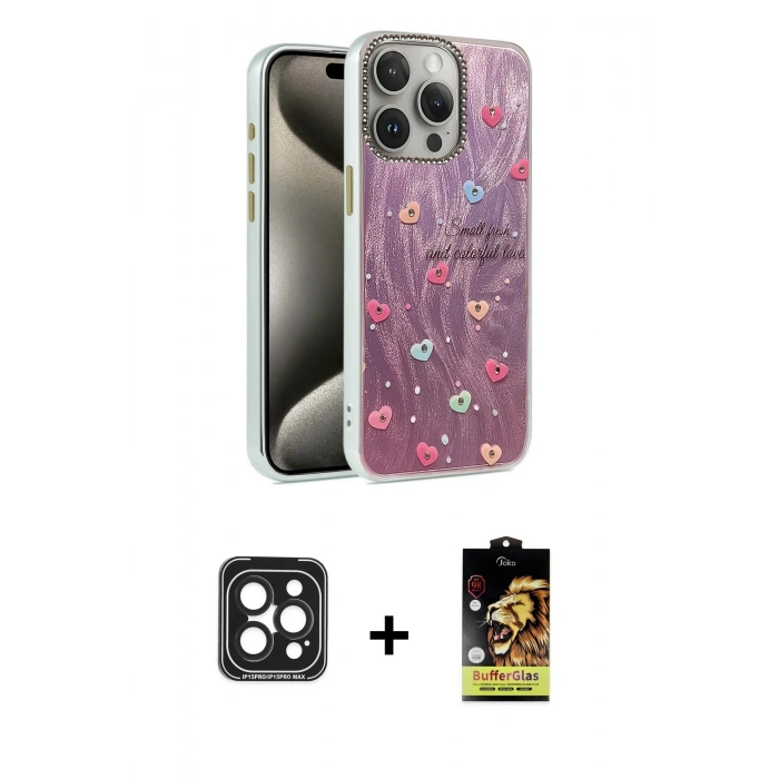 MARSİLYAN™- iPhone 15 Pro Max Kılıf Zirve Modern Prime - Siyah Buffer Cam Ekran Koruyucu + PVD Metal Kamera Lens - SH
