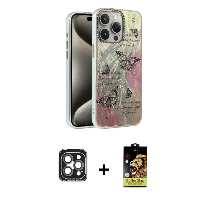 MARSİLYAN™- iPhone 15 Pro Max Kılıf Zirve Modern Prime - Siyah Buffer Cam Ekran Koruyucu + PVD Metal Kamera Lens - GI