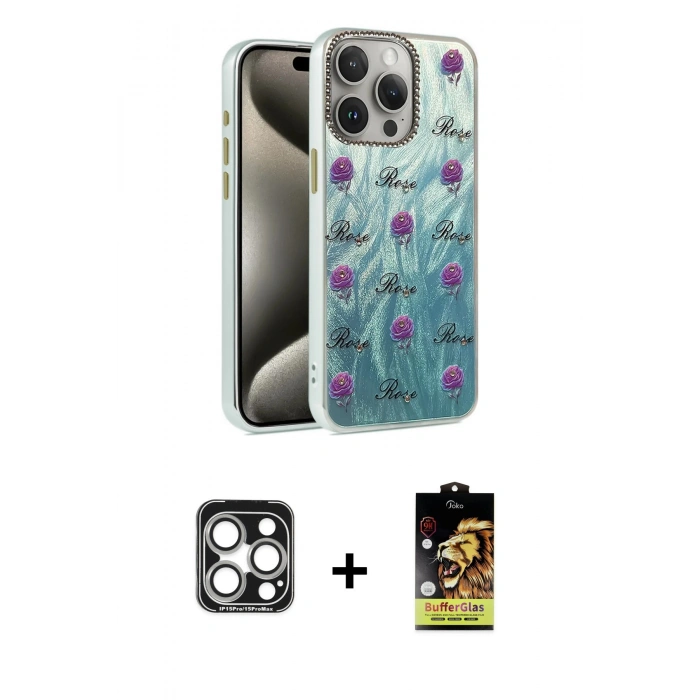 MARSİLYAN™- iPhone 15 Pro Max Kılıf Zirve Modern Prime - Siyah Buffer Cam Ekran Koruyucu + PVD Metal Kamera Lens - GS