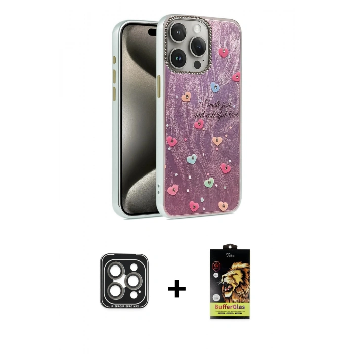 MARSİLYAN™- iPhone 15 Pro Max Kılıf Zirve Modern Prime - Siyah Buffer Cam Ekran Koruyucu + PVD Metal Kamera Lens - GI