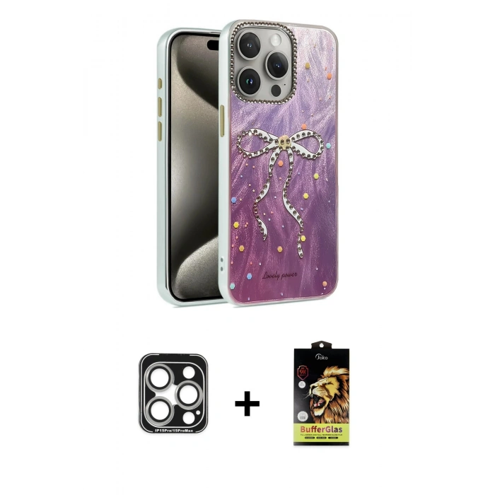 MARSİLYAN™- iPhone 15 Pro Max Kılıf Zirve Modern Prime - Siyah Buffer Cam Ekran Koruyucu + PVD Metal Kamera Lens - GS