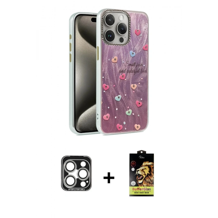 MARSİLYAN™- iPhone 15 Pro Max Kılıf Zirve Modern Prime - Siyah Buffer Cam Ekran Koruyucu + PVD Metal Kamera Lens - GS