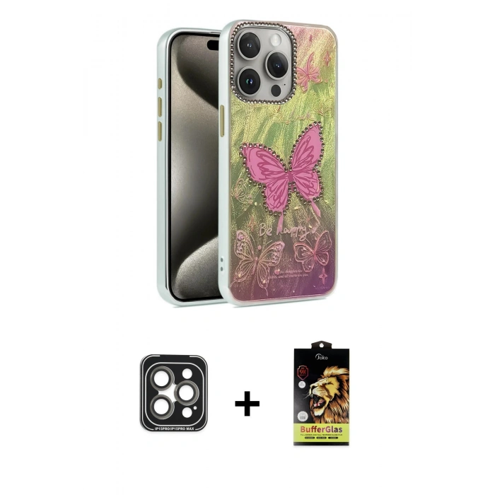 MARSİLYAN™- iPhone 15 Pro Max Kılıf Zirve Modern Prime - Siyah Buffer Cam Ekran Koruyucu + PVD Metal Kamera Lens - GI