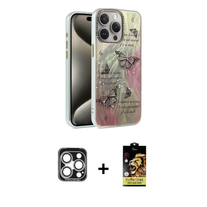 MARSİLYAN™- iPhone 15 Pro Max Kılıf Zirve Modern Prime - Siyah Buffer Cam Ekran Koruyucu + PVD Metal Kamera Lens - GS