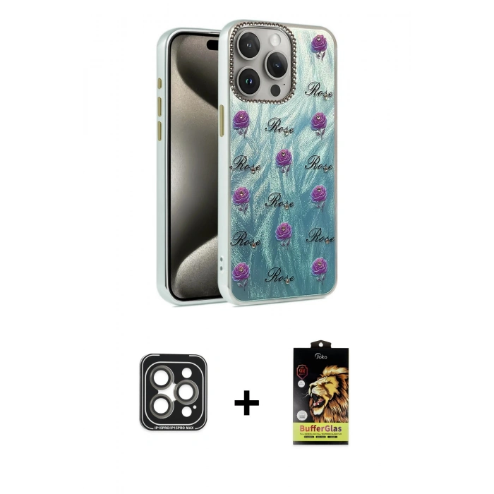 MARSİLYAN™- iPhone 15 Pro Max Kılıf Zirve Modern Prime - Siyah Buffer Cam Ekran Koruyucu + PVD Metal Kamera Lens - GI