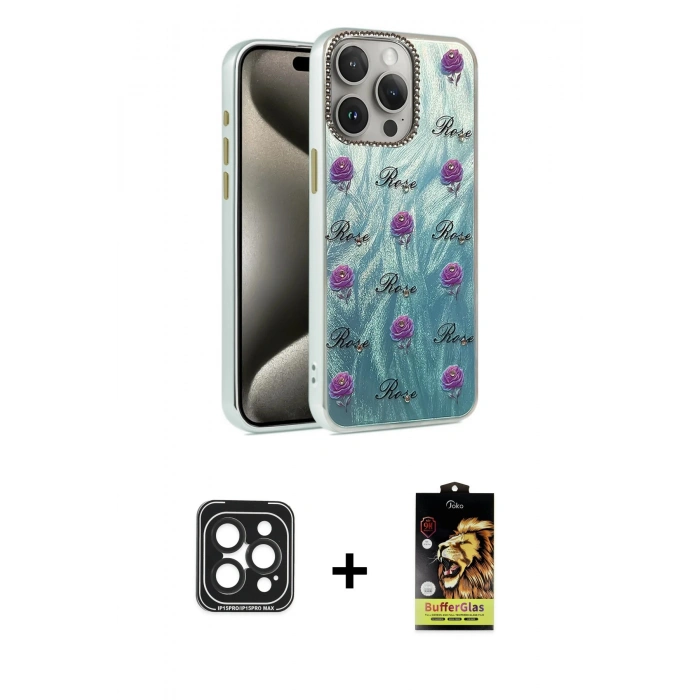 MARSİLYAN™- iPhone 15 Pro Max Kılıf Zirve Modern Prime - Siyah Buffer Cam Ekran Koruyucu + PVD Metal Kamera Lens - SH
