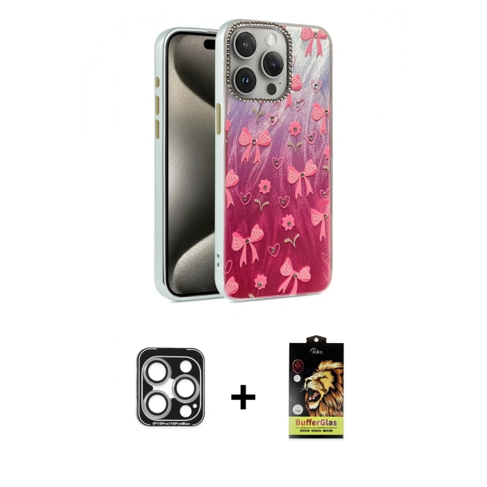 MARSİLYAN™- iPhone 15 Pro Max Kılıf Zirve Modern Prime - Siyah Buffer Cam Ekran Koruyucu + PVD Metal Kamera Lens - GS