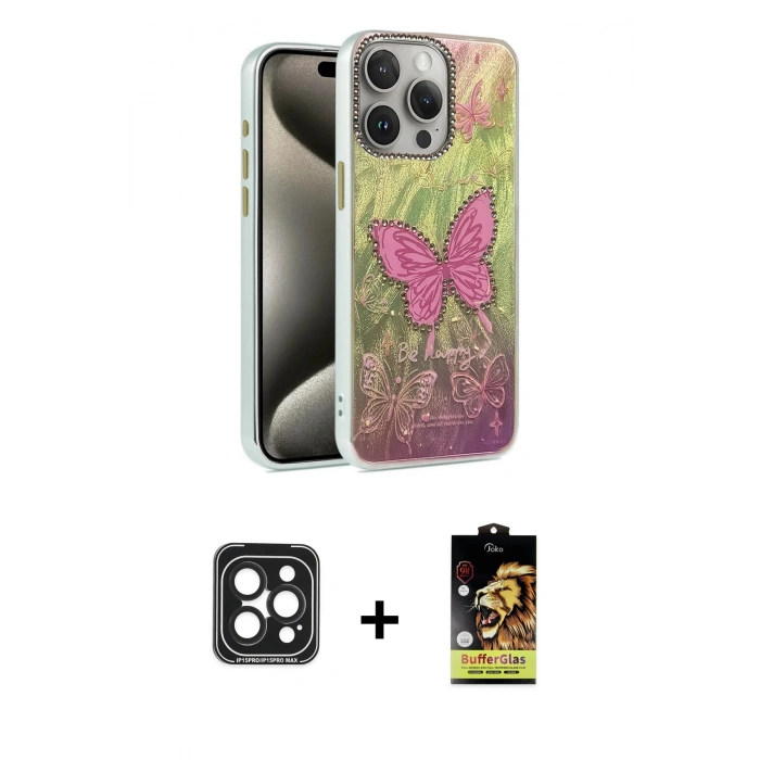 MARSİLYAN™- iPhone 15 Pro Max Kılıf Zirve Modern Prime - Siyah Buffer Cam Ekran Koruyucu + PVD Metal Kamera Lens - SH
