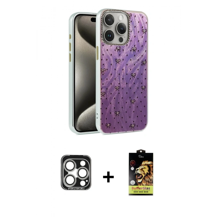 MARSİLYAN™- iPhone 15 Pro Max Kılıf Zirve Modern Prime - Siyah Buffer Cam Ekran Koruyucu + PVD Metal Kamera Lens - GS