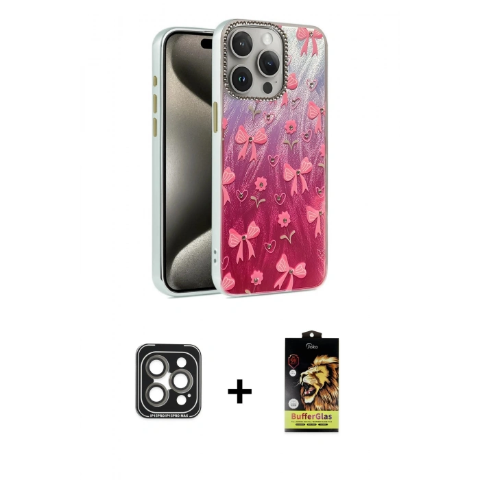 MARSİLYAN™- iPhone 15 Pro Max Kılıf Zirve Modern Prime - Siyah Buffer Cam Ekran Koruyucu + PVD Metal Kamera Lens - GI