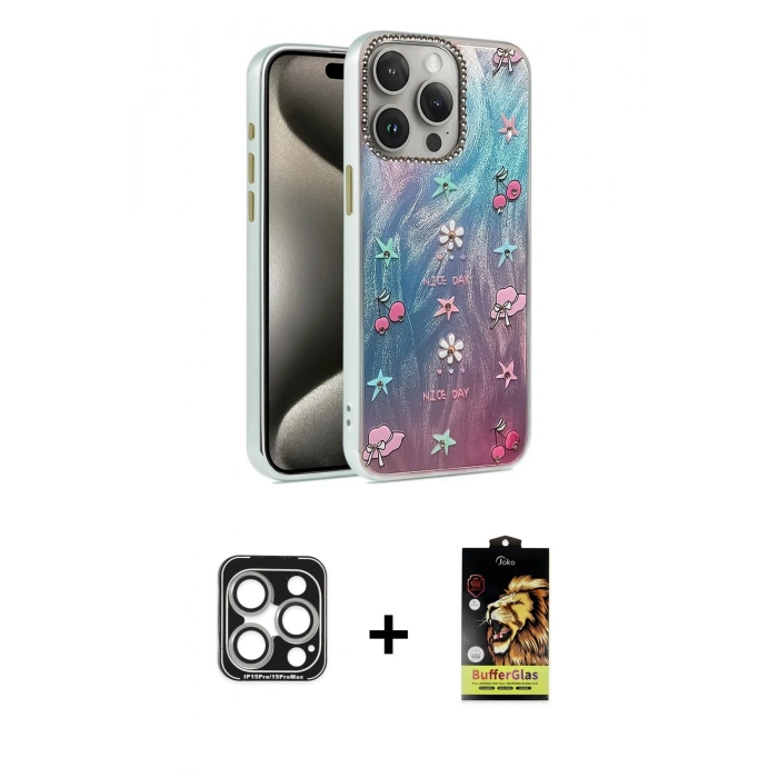 MARSİLYAN™- iPhone 15 Pro Max Kılıf Zirve Modern Prime - Siyah Buffer Cam Ekran Koruyucu + PVD Metal Kamera Lens - GS