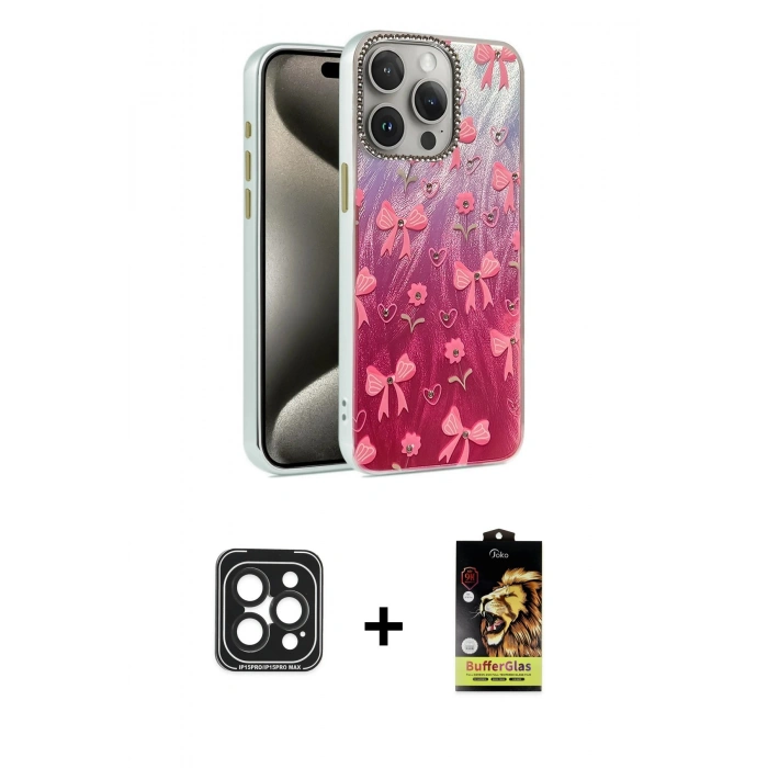 MARSİLYAN™- iPhone 15 Pro Max Kılıf Zirve Modern Prime - Siyah Buffer Cam Ekran Koruyucu + PVD Metal Kamera Lens - SH