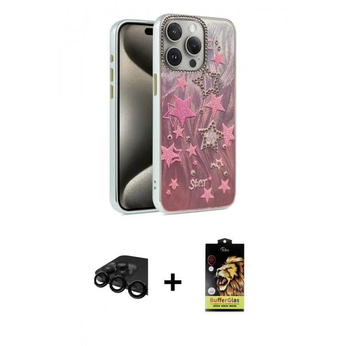MARSİLYAN™- iPhone 15 Pro Max Kılıf Zirve Modern Prime - Siyah Buffer Cam Ekran Koruyucu + Raze Metal Kamera Lens - SH