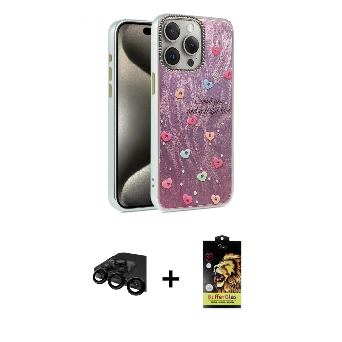 MARSİLYAN™- iPhone 15 Pro Max Kılıf Zirve Modern Prime - Siyah Buffer Cam Ekran Koruyucu + Raze Metal Kamera Lens - SH