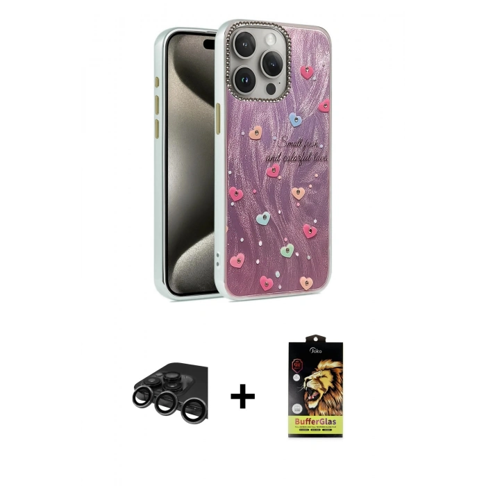 MARSİLYAN™- iPhone 15 Pro Max Kılıf Zirve Modern Prime - Siyah Buffer Cam Ekran Koruyucu + Raze Metal Kamera Lens - TMGI