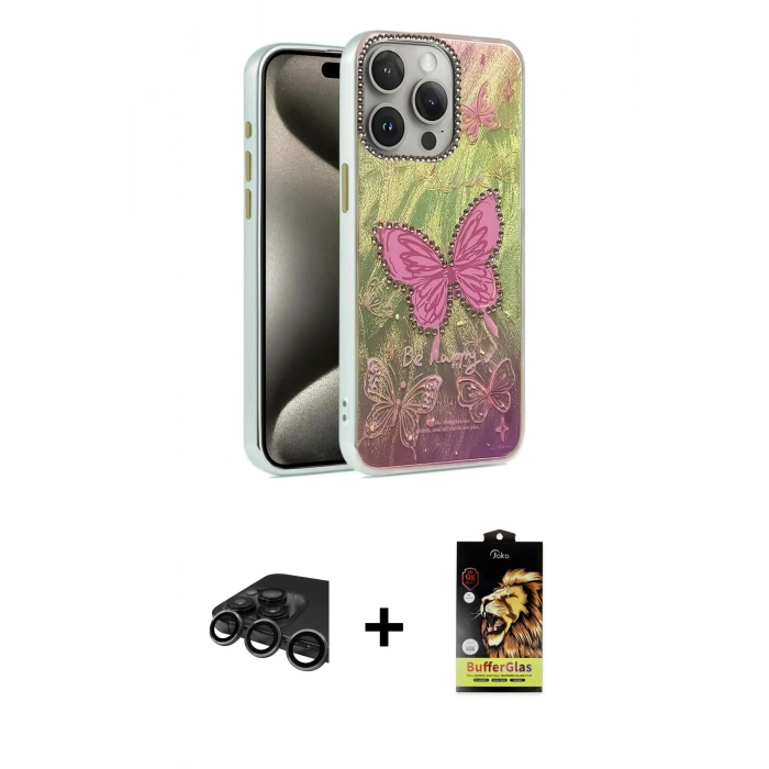 MARSİLYAN™- iPhone 15 Pro Max Kılıf Zirve Modern Prime - Siyah Buffer Cam Ekran Koruyucu + Raze Metal Kamera Lens - TMGI