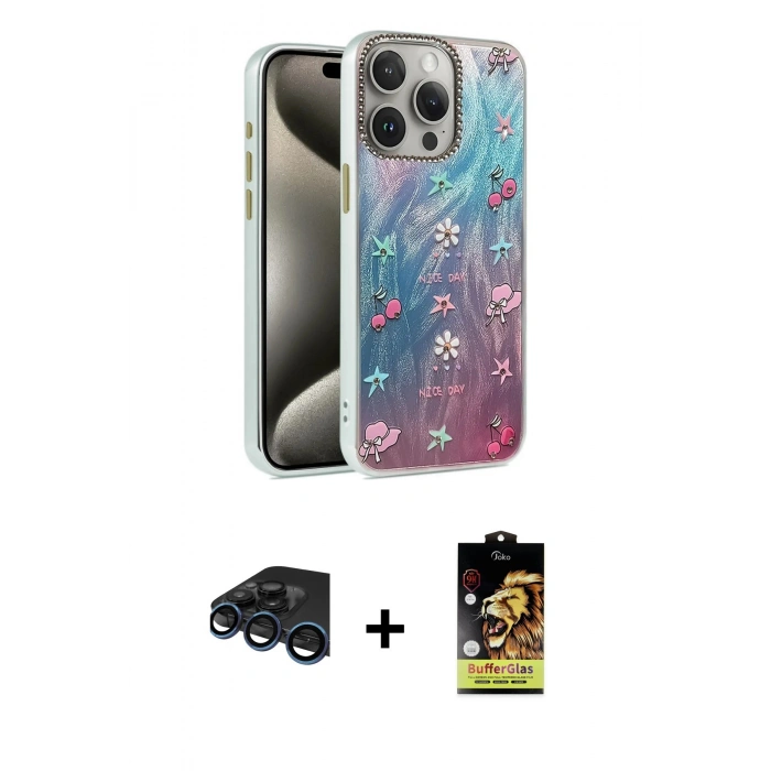 MARSİLYAN™- iPhone 15 Pro Max Kılıf Zirve Modern Prime - Siyah Buffer Cam Ekran Koruyucu + Raze Metal Kamera Lens - LT