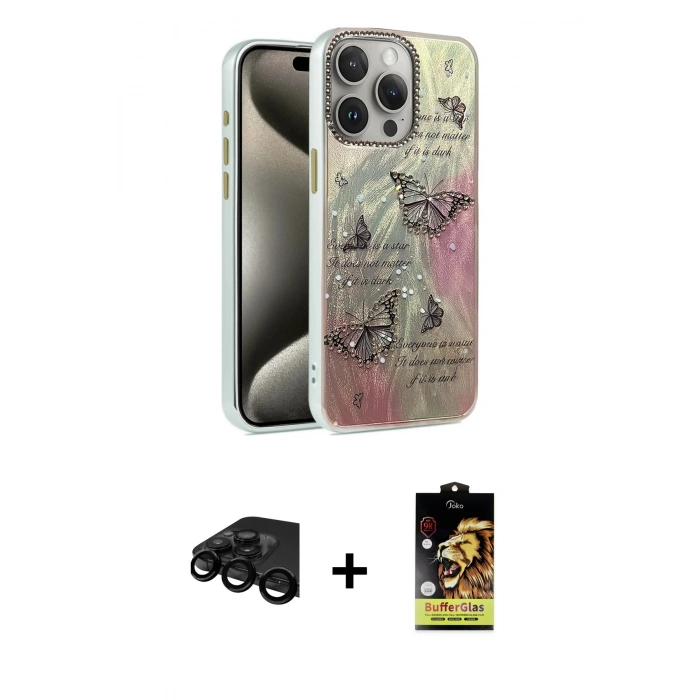 MARSİLYAN™- iPhone 15 Pro Max Kılıf Zirve Modern Prime - Siyah Buffer Cam Ekran Koruyucu + Raze Metal Kamera Lens - SH