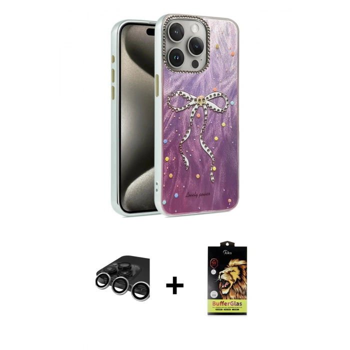 MARSİLYAN™- iPhone 15 Pro Max Kılıf Zirve Modern Prime - Siyah Buffer Cam Ekran Koruyucu + Raze Metal Kamera Lens - GS