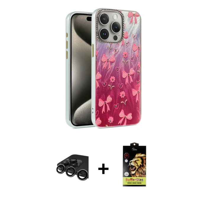 MARSİLYAN™- iPhone 15 Pro Max Kılıf Zirve Modern Prime - Siyah Buffer Cam Ekran Koruyucu + Raze Metal Kamera Lens - TMGI