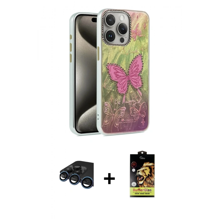 MARSİLYAN™- iPhone 15 Pro Max Kılıf Zirve Modern Prime - Siyah Buffer Cam Ekran Koruyucu + Raze Metal Kamera Lens - LT