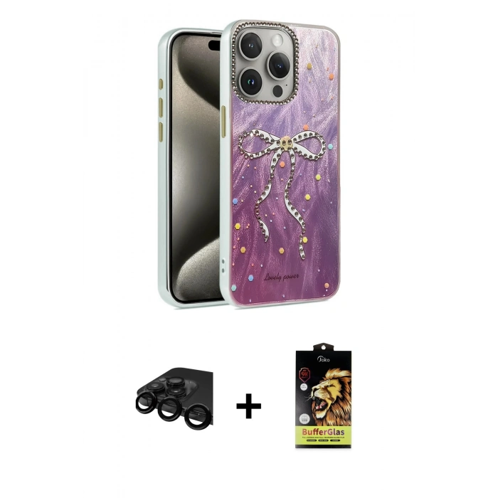 MARSİLYAN™- iPhone 15 Pro Max Kılıf Zirve Modern Prime - Siyah Buffer Cam Ekran Koruyucu + Raze Metal Kamera Lens - SH