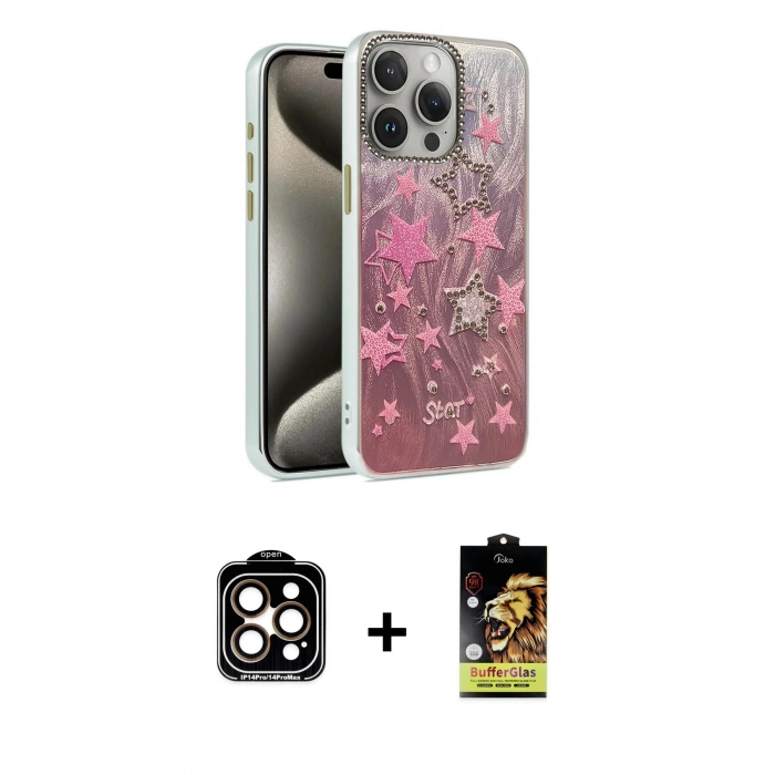 MARSİLYAN™- iPhone 15 Pro Max Kılıf Zirve Modern Prime - Siyah Buffer Cam Ekran Koruyucu + Turuncu PVD Metal Kamera Lens