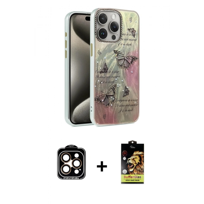 MARSİLYAN™- iPhone 15 Pro Max Kılıf Zirve Modern Prime - Siyah Buffer Cam Ekran Koruyucu + Turuncu PVD Metal Kamera Lens