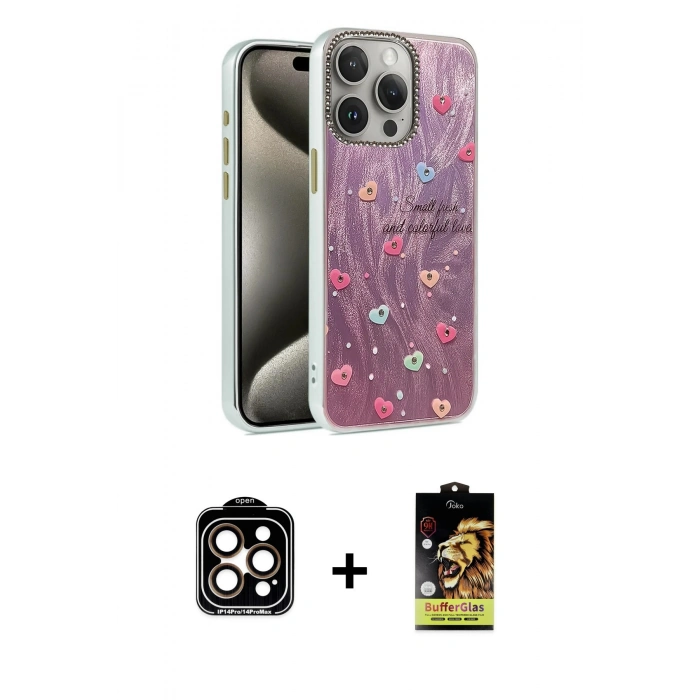 MARSİLYAN™- iPhone 15 Pro Max Kılıf Zirve Modern Prime - Siyah Buffer Cam Ekran Koruyucu + Turuncu PVD Metal Kamera Lens