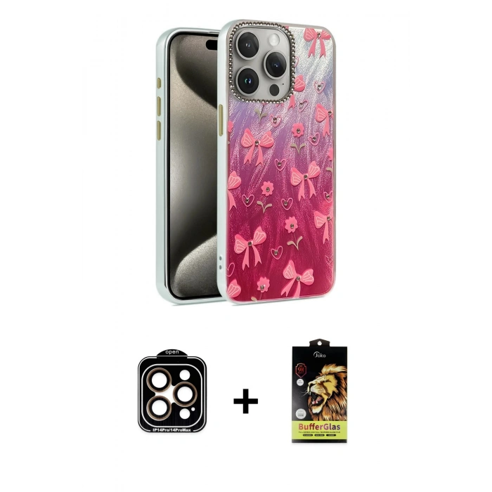 MARSİLYAN™- iPhone 15 Pro Max Kılıf Zirve Modern Prime - Siyah Buffer Cam Ekran Koruyucu + Turuncu PVD Metal Kamera Lens