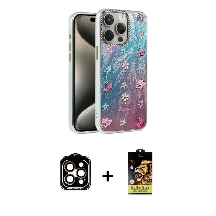 MARSİLYAN™- iPhone 15 Pro Max Kılıf Zirve Modern Prime - Siyah Buffer Cam Ekran Koruyucu + Turuncu PVD Metal Kamera Lens