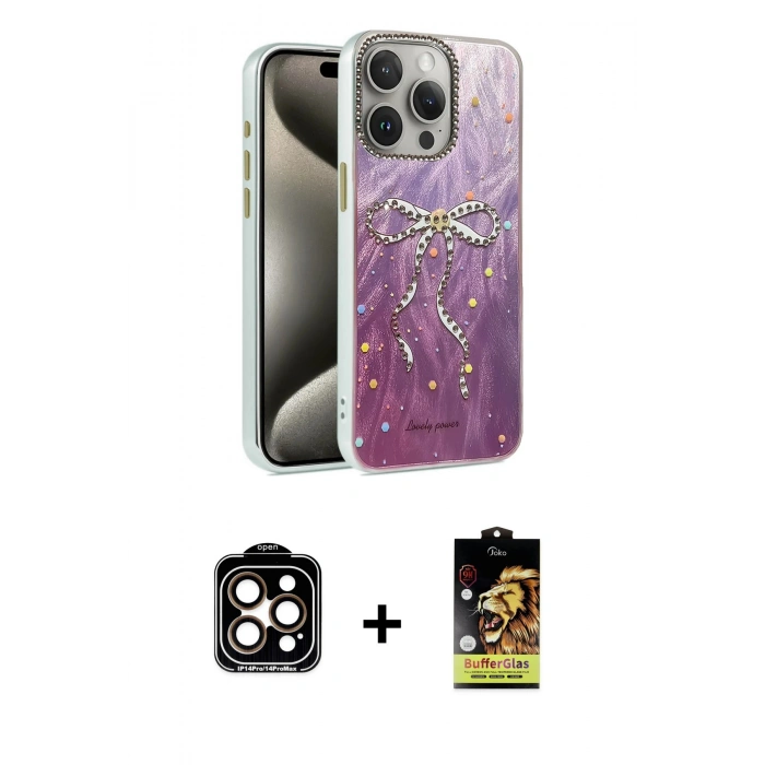 MARSİLYAN™- iPhone 15 Pro Max Kılıf Zirve Modern Prime - Siyah Buffer Cam Ekran Koruyucu + Turuncu PVD Metal Kamera Lens