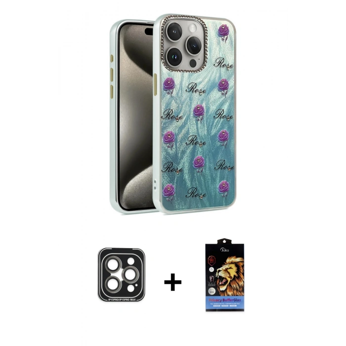 MARSİLYAN™- iPhone 15 Pro Max Kılıf Zirve Modern Prime - Siyah Buffer Hayalet Cam Ekran Koruyucu + PVD Metal Kamera Lens - GI