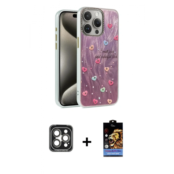 MARSİLYAN™- iPhone 15 Pro Max Kılıf Zirve Modern Prime - Siyah Buffer Hayalet Cam Ekran Koruyucu + PVD Metal Kamera Lens - GI
