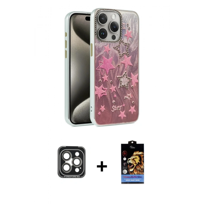 MARSİLYAN™- iPhone 15 Pro Max Kılıf Zirve Modern Prime - Siyah Buffer Hayalet Cam Ekran Koruyucu + PVD Metal Kamera Lens - GI