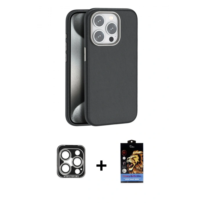 MARSİLYAN™- iPhone 15 Pro Max Kılıf Zirve Modern Prime - Siyah Buffer Hayalet Cam Ekran Koruyucu + PVD Metal Kamera Lens - GS