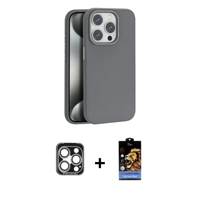 MARSİLYAN™- iPhone 15 Pro Max Kılıf Zirve Modern Prime - Siyah Buffer Hayalet Cam Ekran Koruyucu + PVD Metal Kamera Lens - GS