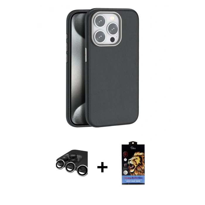 MARSİLYAN™- iPhone 15 Pro Max Kılıf Zirve Modern Prime - Siyah Buffer Hayalet Cam Ekran Koruyucu + Raze Metal Kamera Lens - GS