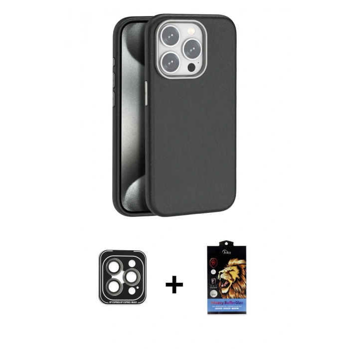 MARSİLYAN™- iPhone 15 Pro Max Kılıf Zirve Modern Prime - Siyah Buffer Hayalet Cam Ekran Koruyucu + PVD Metal Kamera Lens - GI