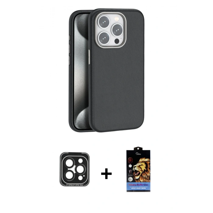MARSİLYAN™- iPhone 15 Pro Max Kılıf Zirve Modern Prime - Siyah Buffer Hayalet Cam Ekran Koruyucu + PVD Metal Kamera Lens - SH