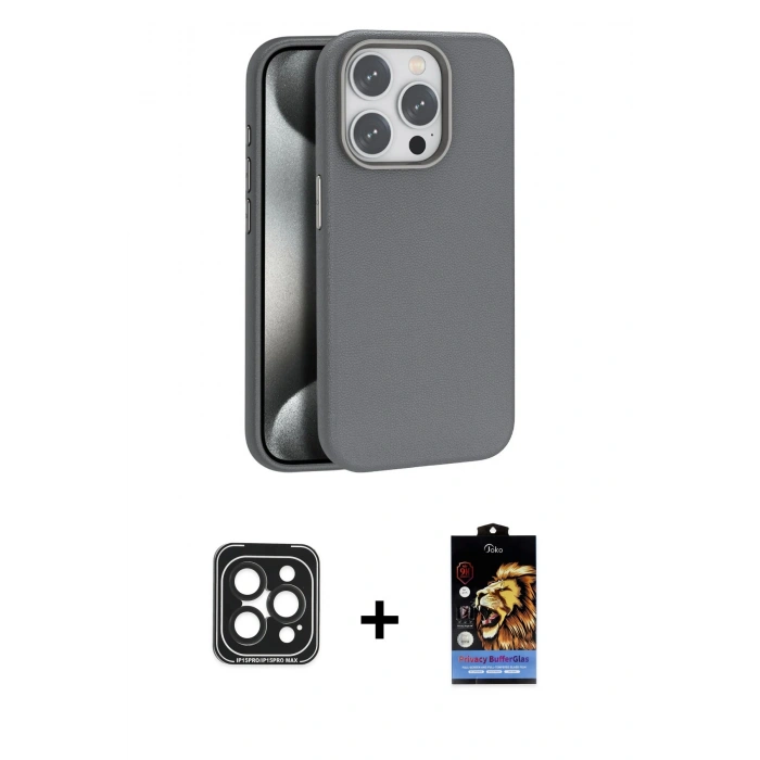 MARSİLYAN™- iPhone 15 Pro Max Kılıf Zirve Modern Prime - Siyah Buffer Hayalet Cam Ekran Koruyucu + PVD Metal Kamera Lens - SH